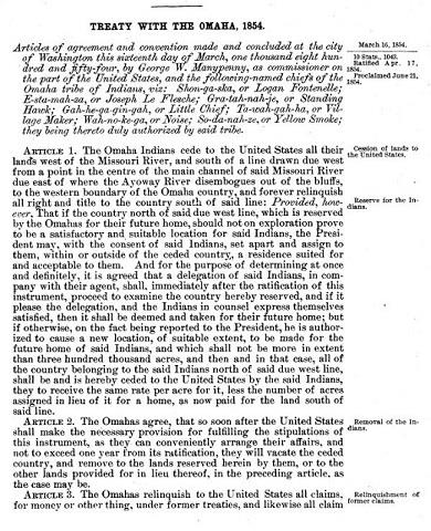 First page of Treaty with the Omaha, 1854